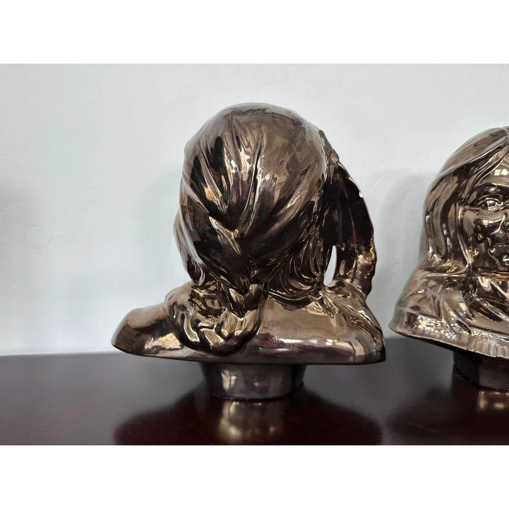 Vintage Native American Bust Statues Bronze Gold Ceramic 11